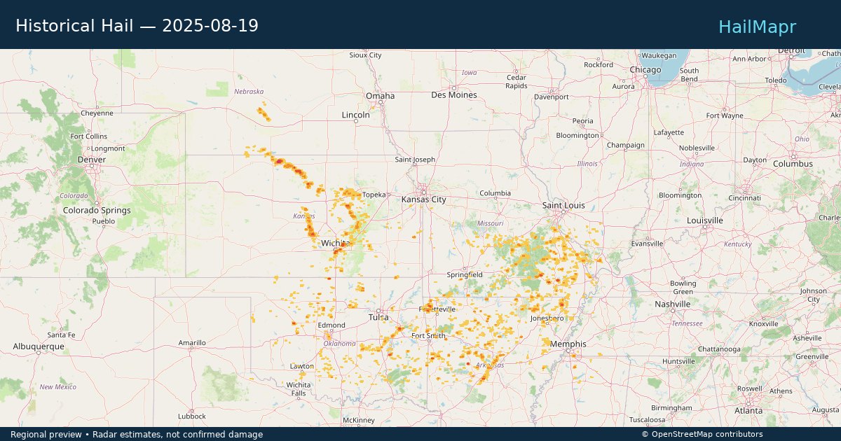 Historical Hail — 2025-08-19 — regional heatmap and storm polygons