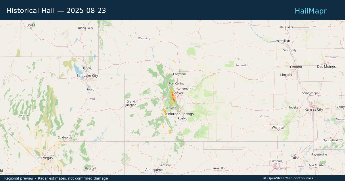 Historical Hail — 2025-08-23 — regional heatmap and storm polygons