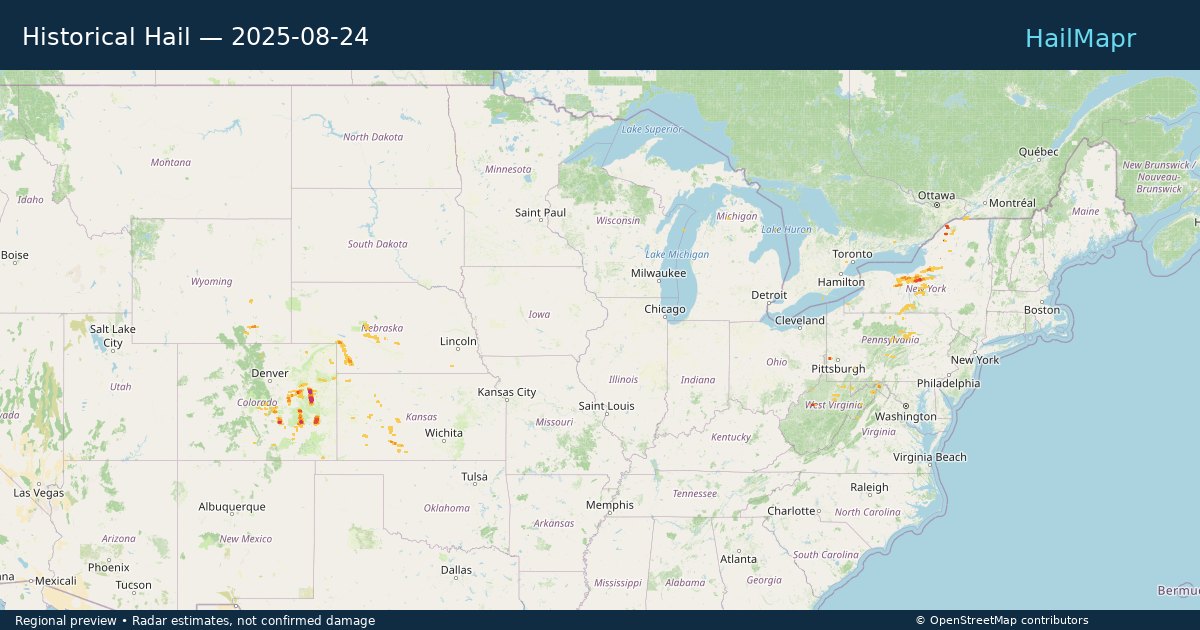 Historical Hail — 2025-08-24 — regional heatmap and storm polygons
