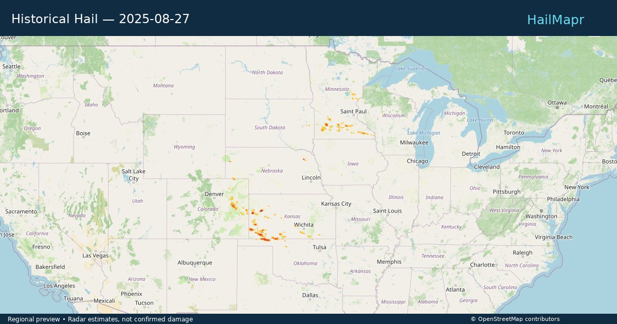 Historical Hail — 2025-08-27 — regional heatmap and storm polygons