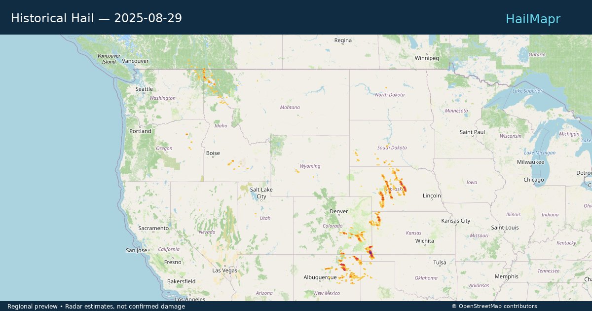 Historical Hail — 2025-08-29 — regional heatmap and storm polygons