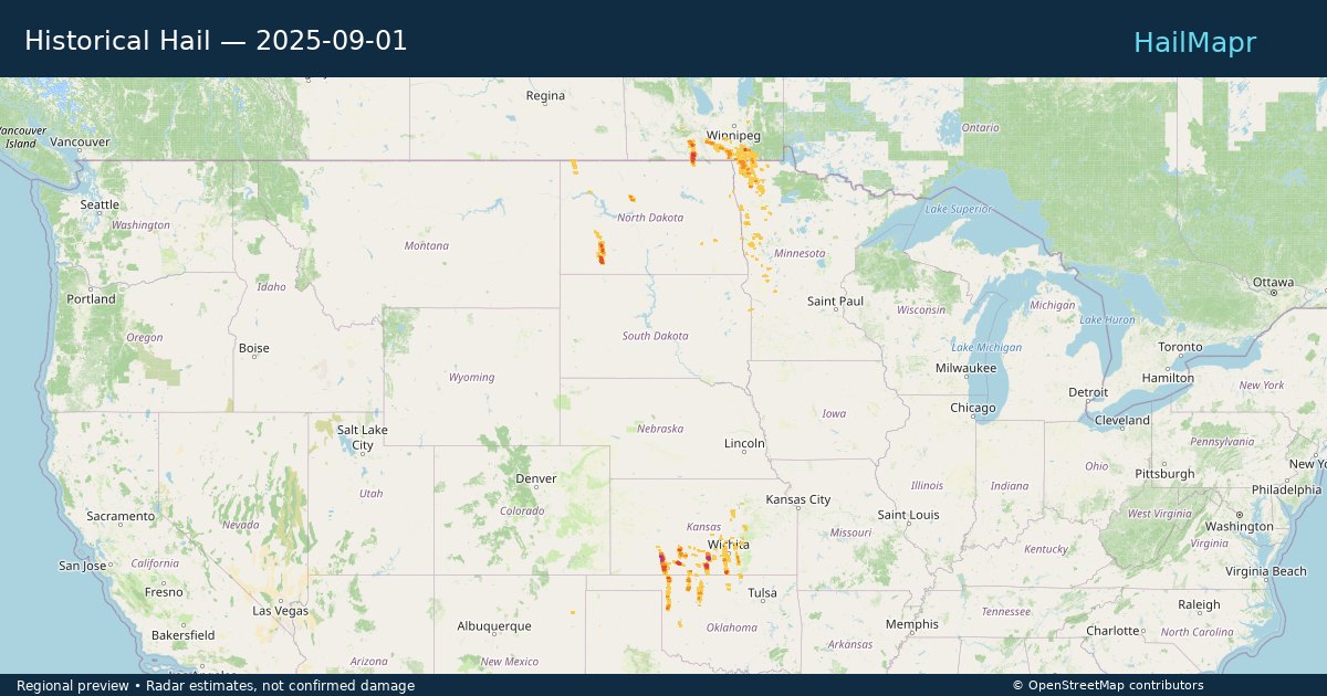Historical Hail — 2025-09-01 — regional heatmap and storm polygons