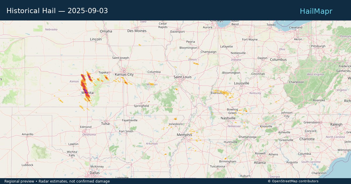 Historical Hail — 2025-09-03 — regional heatmap and storm polygons