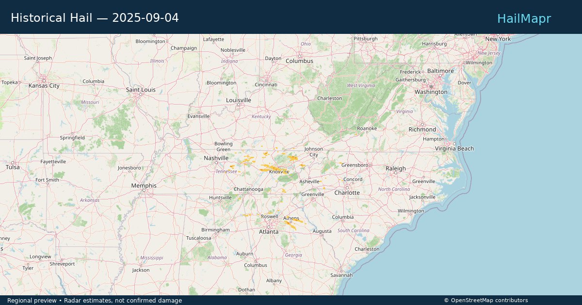 Historical Hail — 2025-09-04 — regional heatmap and storm polygons