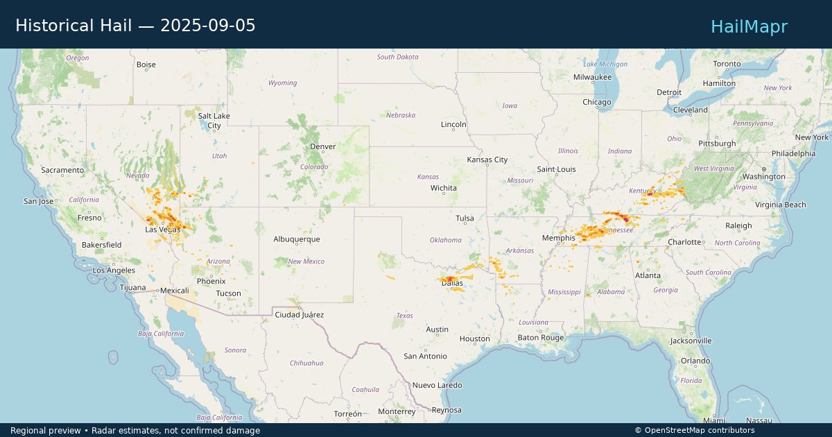 Historical Hail — 2025-09-05 — regional heatmap and storm polygons