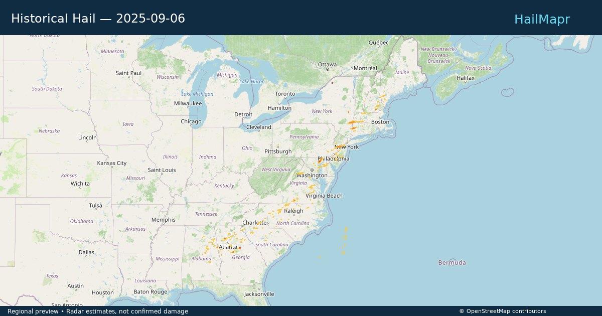 Historical Hail — 2025-09-06 — regional heatmap and storm polygons