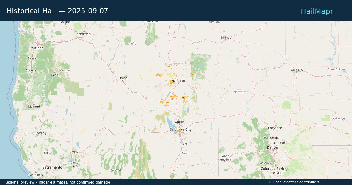 Historical Hail — 2025-09-07 — regional heatmap and storm polygons