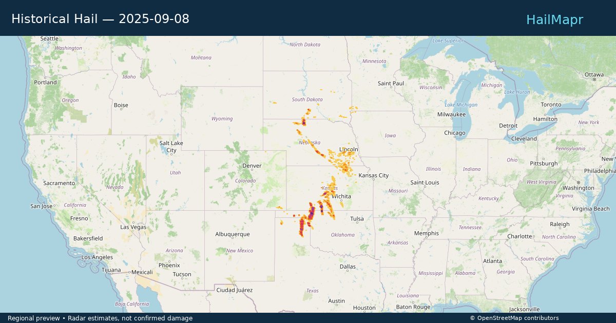 Historical Hail — 2025-09-08 — regional heatmap and storm polygons