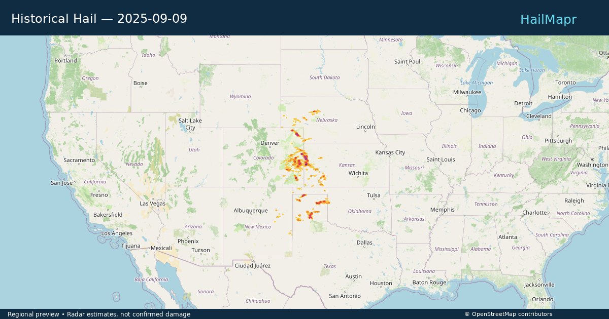 Historical Hail — 2025-09-09 — regional heatmap and storm polygons