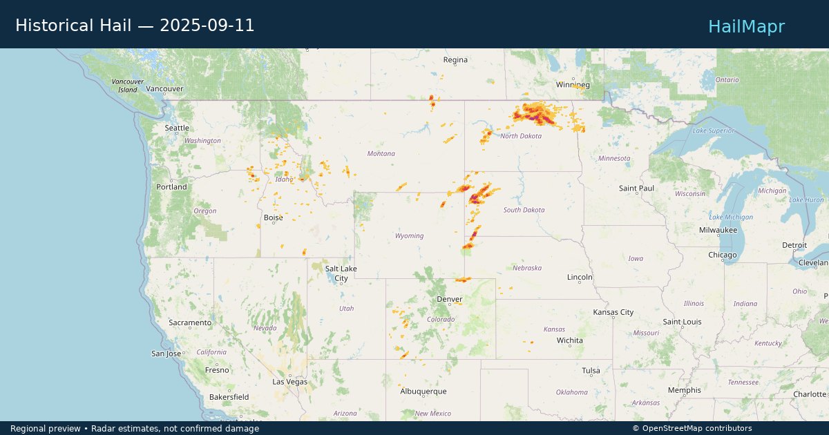 Historical Hail — 2025-09-11 — regional heatmap and storm polygons
