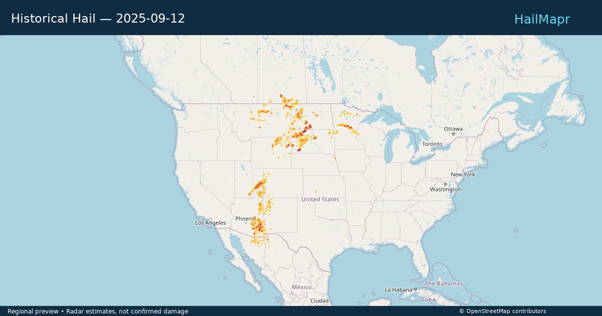 Historical Hail — 2025-09-12 — regional heatmap and storm polygons