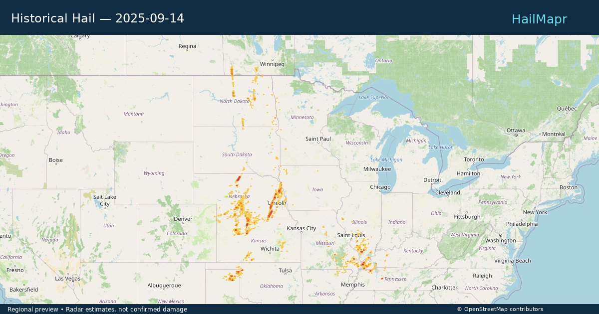 Historical Hail — 2025-09-14 — regional heatmap and storm polygons