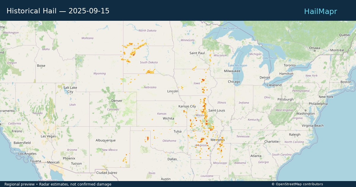 Historical Hail — 2025-09-15 — regional heatmap and storm polygons