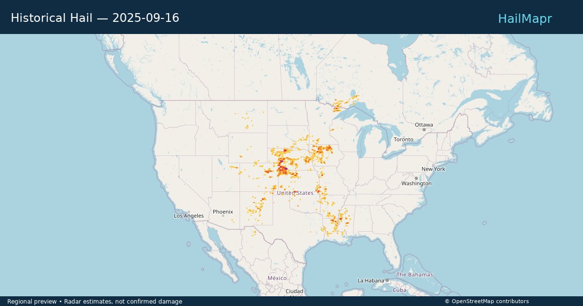 Historical Hail — 2025-09-16 — regional heatmap and storm polygons
