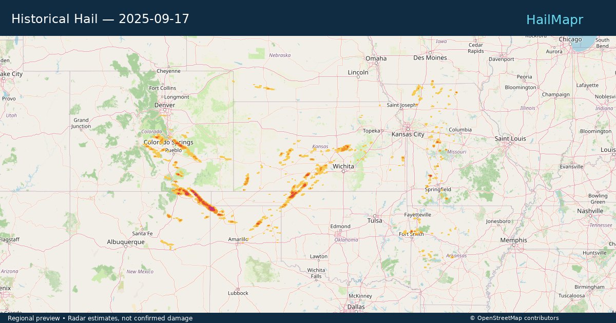 Historical Hail — 2025-09-17 — regional heatmap and storm polygons