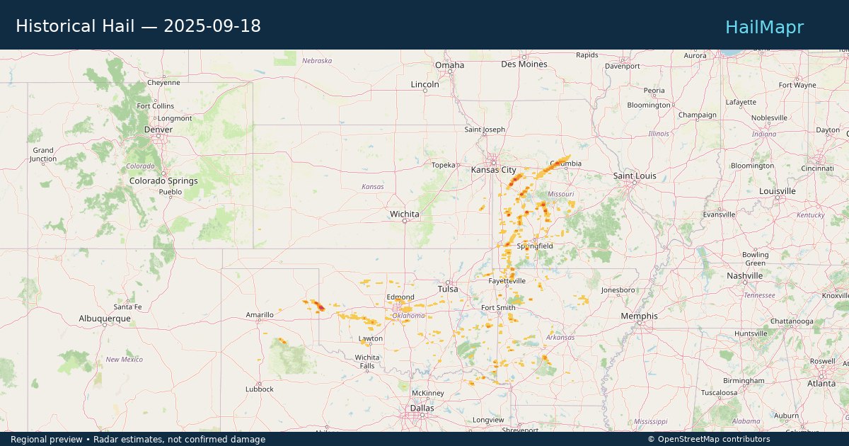 Historical Hail — 2025-09-18 — regional heatmap and storm polygons