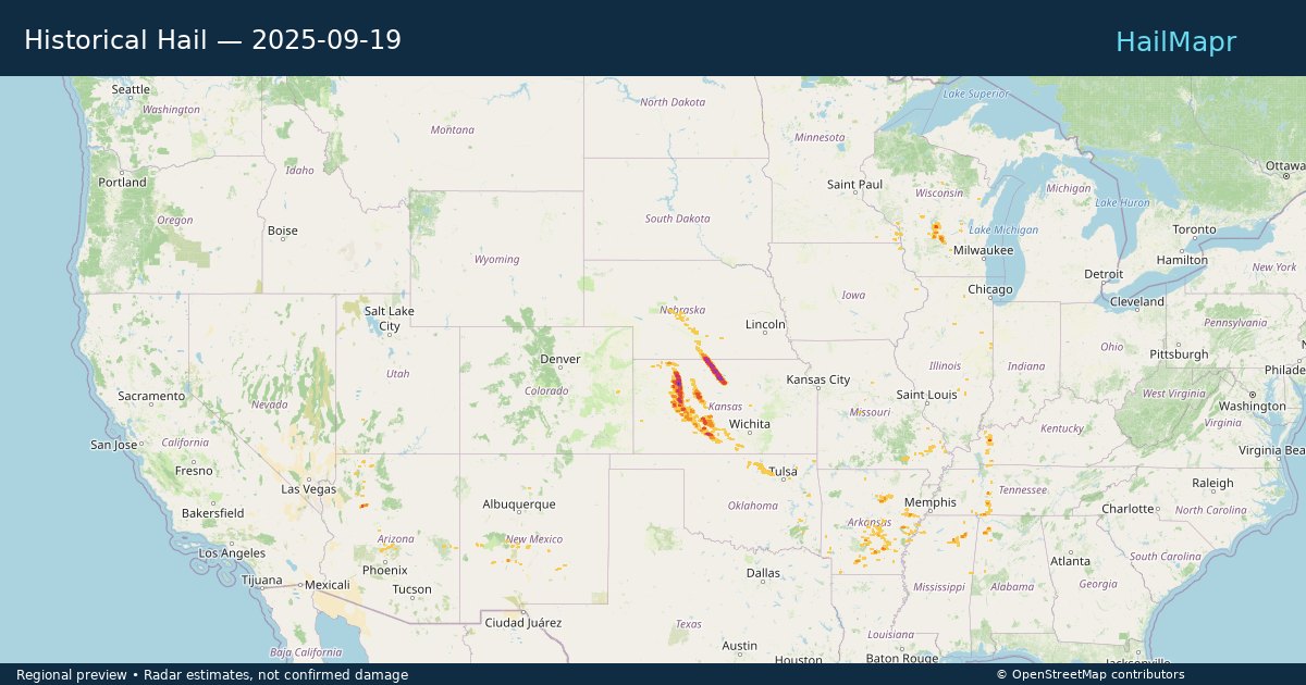 Historical Hail — 2025-09-19 — regional heatmap and storm polygons