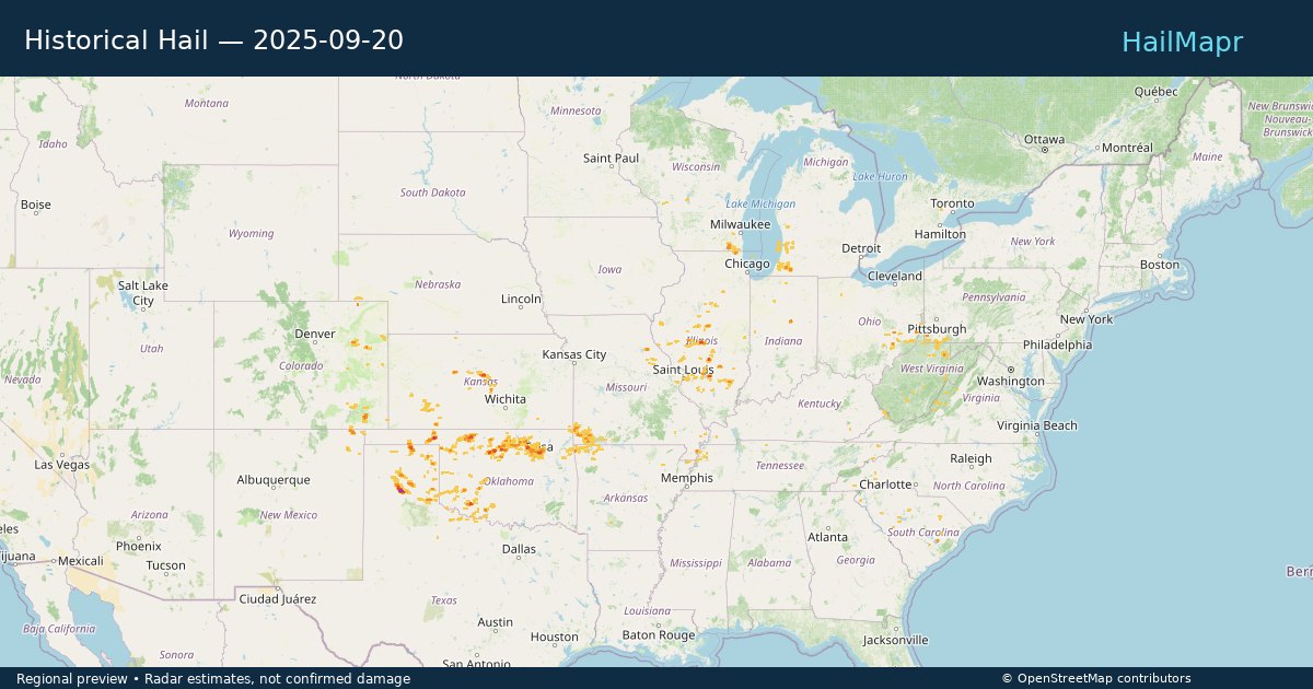 Historical Hail — 2025-09-20 — regional heatmap and storm polygons