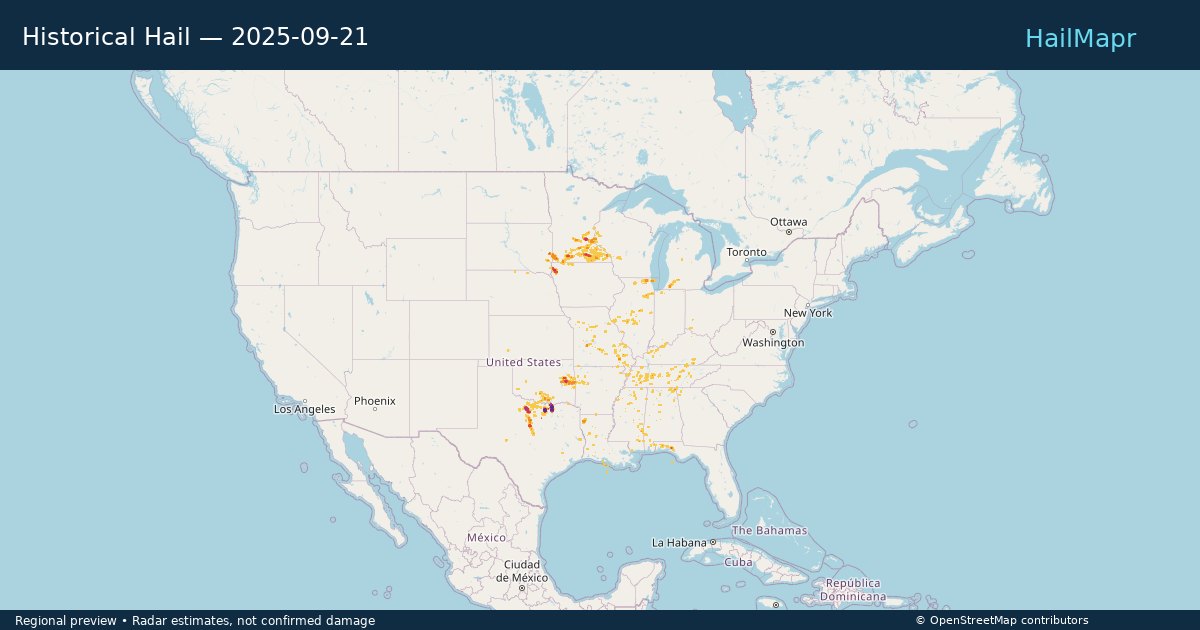 Historical Hail — 2025-09-21 — regional heatmap and storm polygons