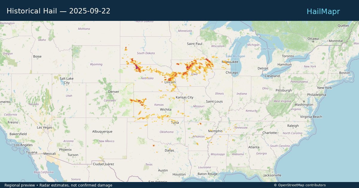Historical Hail — 2025-09-22 — regional heatmap and storm polygons