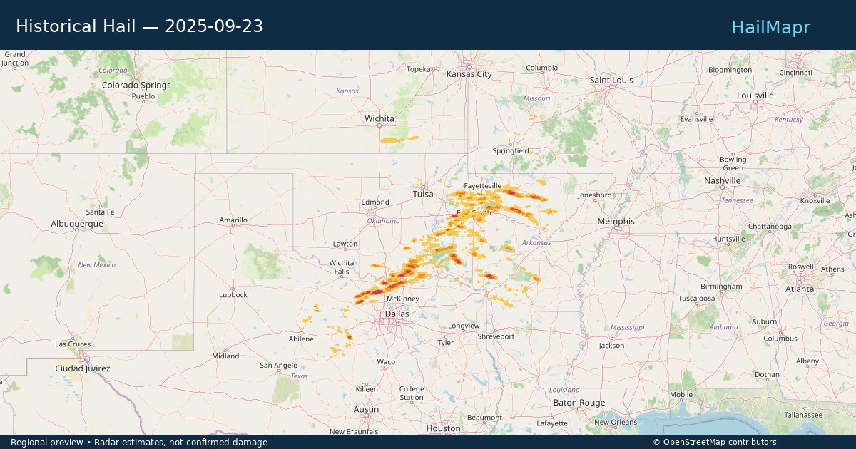 Historical Hail — 2025-09-23 — regional heatmap and storm polygons