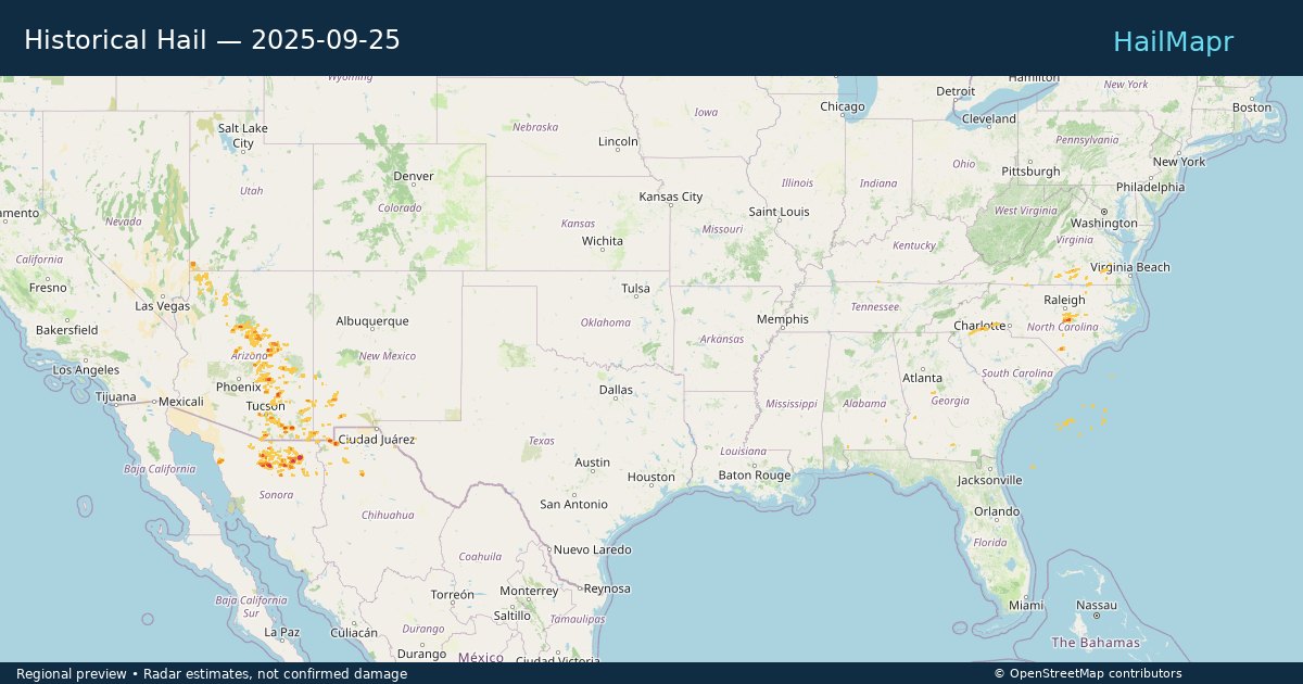Historical Hail — 2025-09-25 — regional heatmap and storm polygons