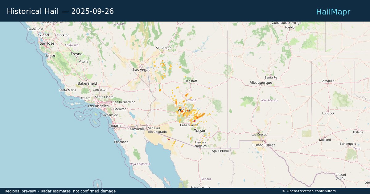 Historical Hail — 2025-09-26 — regional heatmap and storm polygons