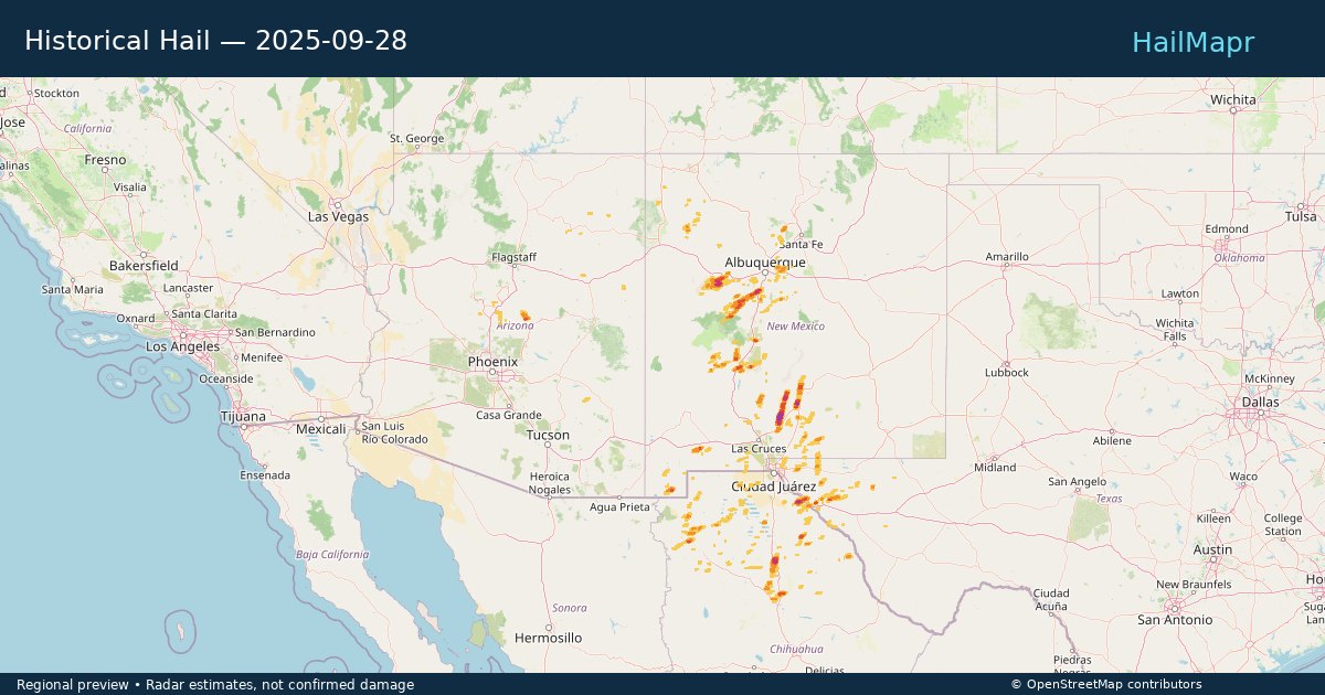 Historical Hail — 2025-09-28 — regional heatmap and storm polygons