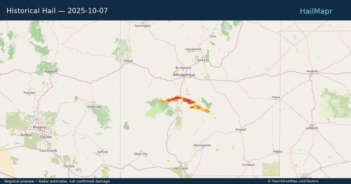 Historical Hail — 2025-10-07 — regional heatmap and storm polygons