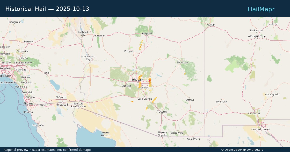 Historical Hail — 2025-10-13 — regional heatmap and storm polygons