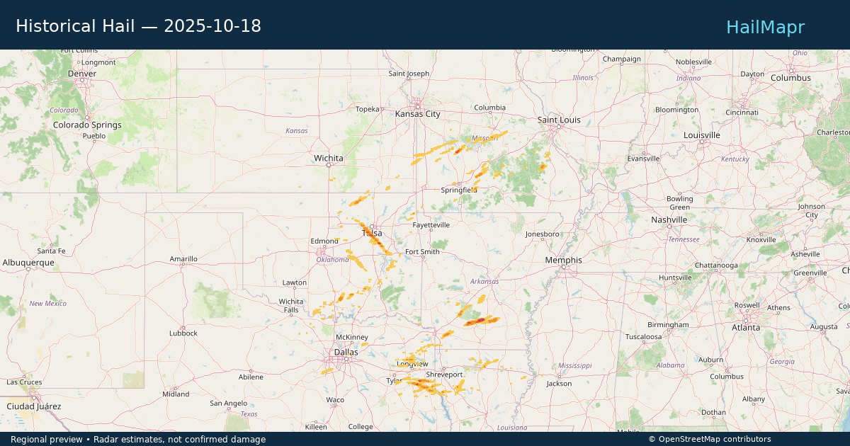 Historical Hail — 2025-10-18 — regional heatmap and storm polygons