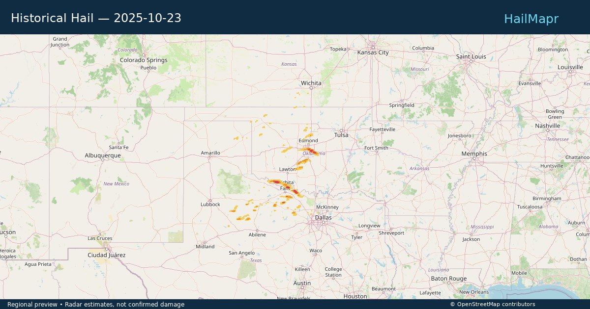 Historical Hail — 2025-10-23 — regional heatmap and storm polygons