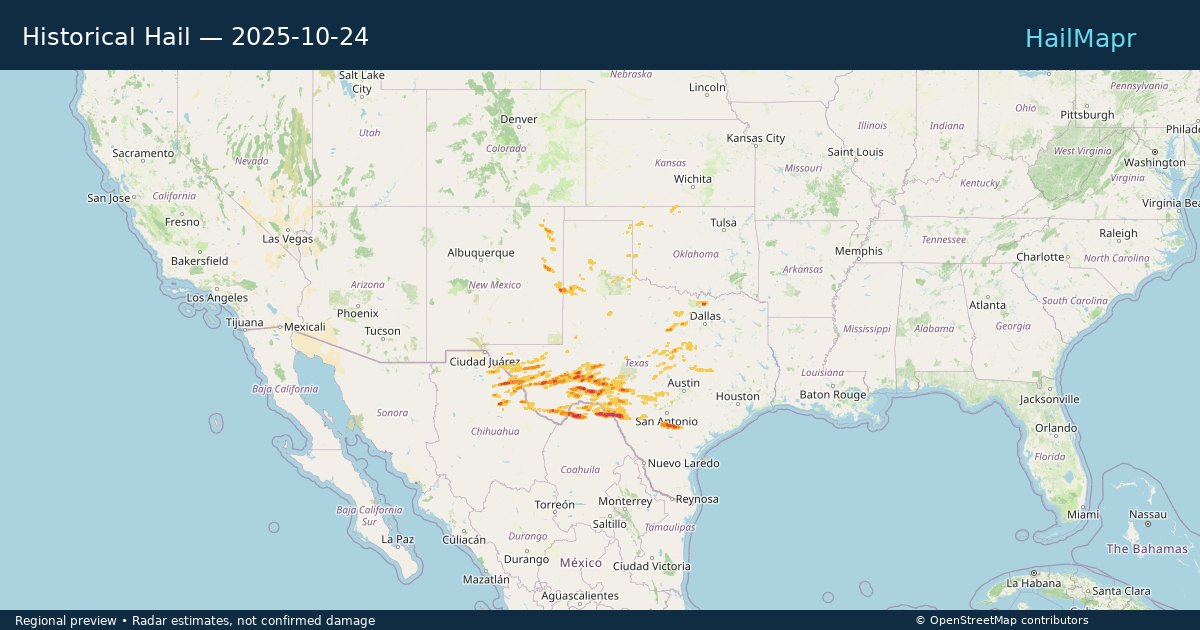 Historical Hail — 2025-10-24 — regional heatmap and storm polygons
