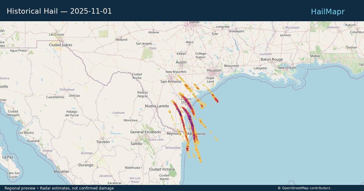 Historical Hail — 2025-11-01 — regional heatmap and storm polygons
