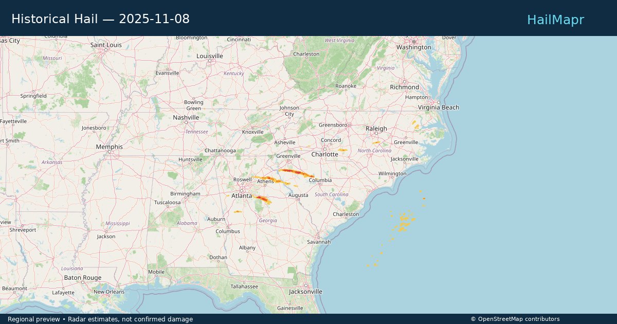 Historical Hail — 2025-11-08 — regional heatmap and storm polygons