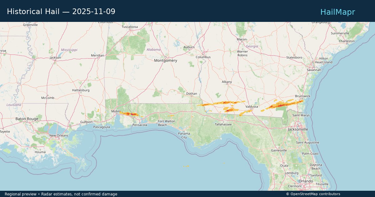 Historical Hail — 2025-11-09 — regional heatmap and storm polygons