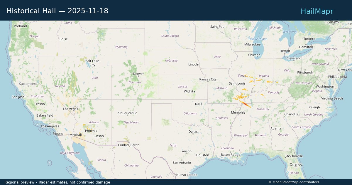 Historical Hail — 2025-11-18 — regional heatmap and storm polygons