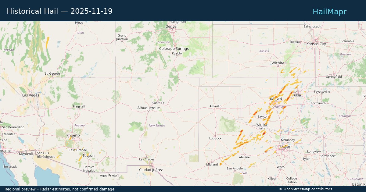 Historical Hail — 2025-11-19 — regional heatmap and storm polygons