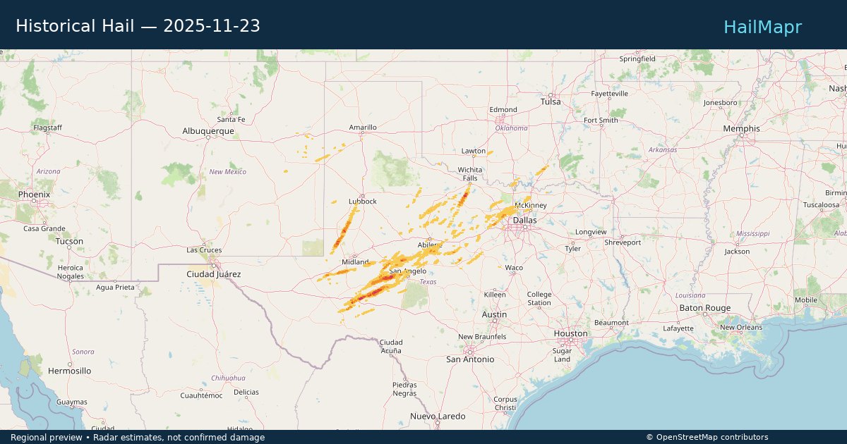 Historical Hail — 2025-11-23 — regional heatmap and storm polygons