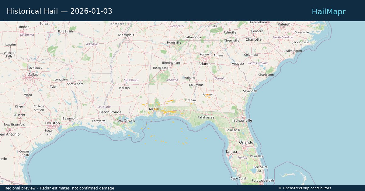 Historical Hail — 2026-01-03 — regional heatmap and storm polygons