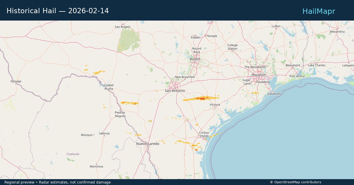 Historical Hail — 2026-02-14 — regional heatmap and storm polygons