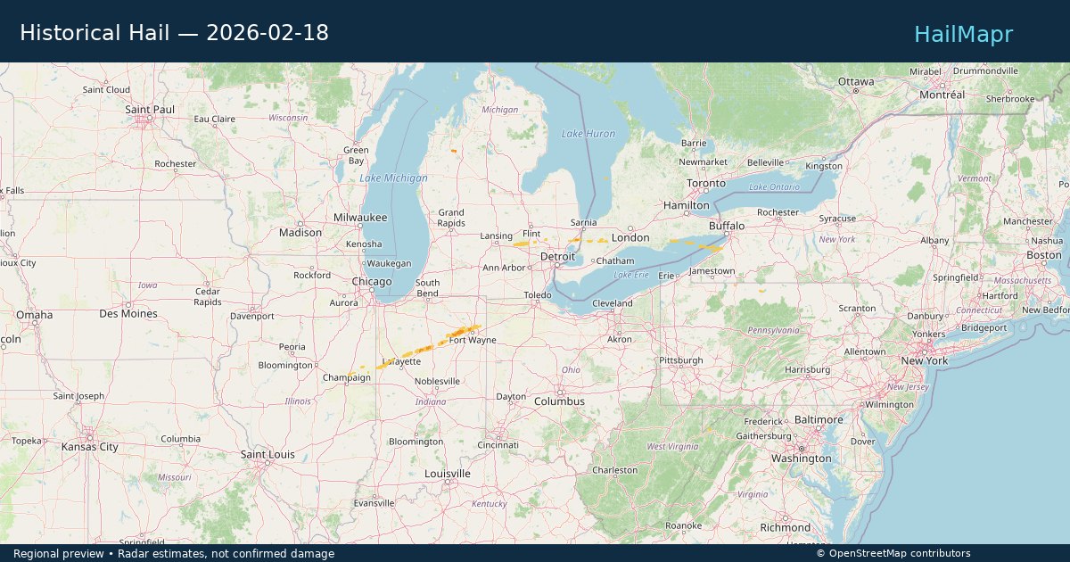 Historical Hail — 2026-02-18 — regional heatmap and storm polygons