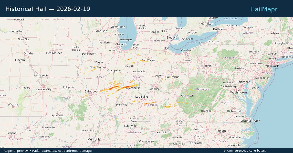 Historical Hail — 2026-02-19 — regional heatmap and storm polygons