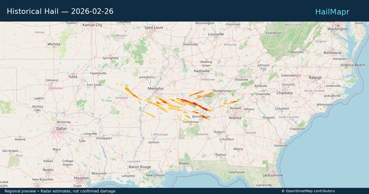 Historical Hail — 2026-02-26 — regional heatmap and storm polygons