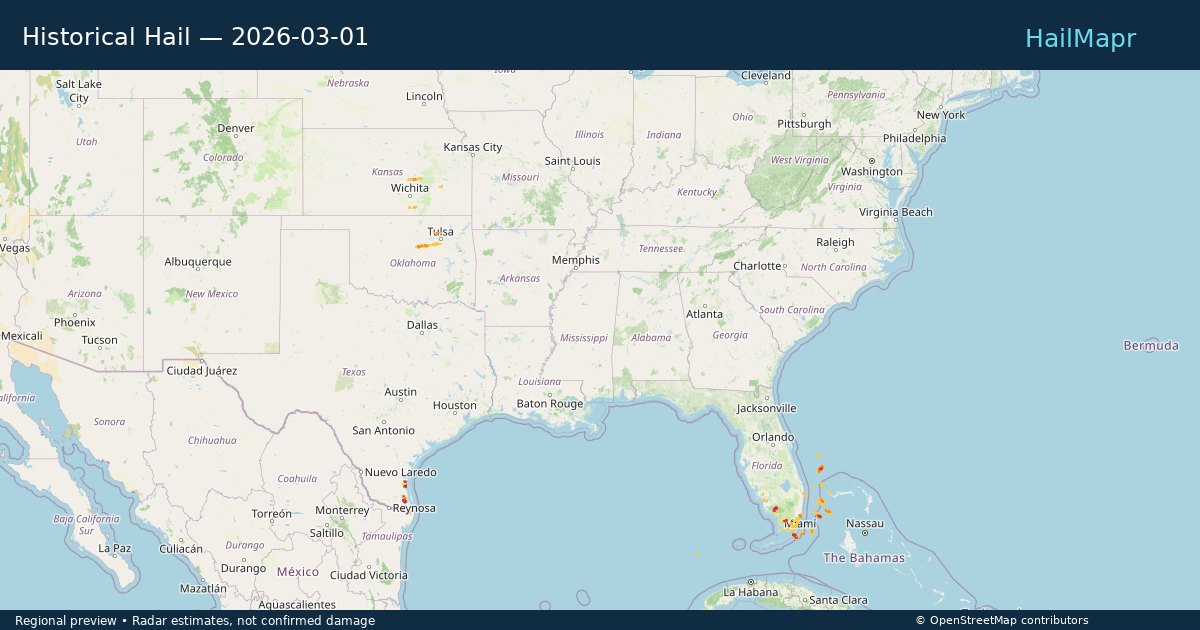 Historical Hail — 2026-03-01 — regional heatmap and storm polygons