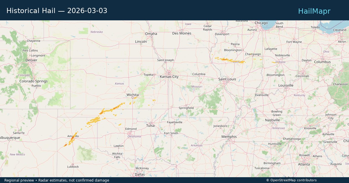 Historical Hail — 2026-03-03 — regional heatmap and storm polygons