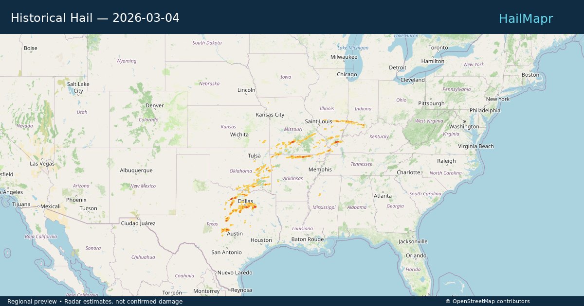 Historical Hail — 2026-03-04 — regional heatmap and storm polygons