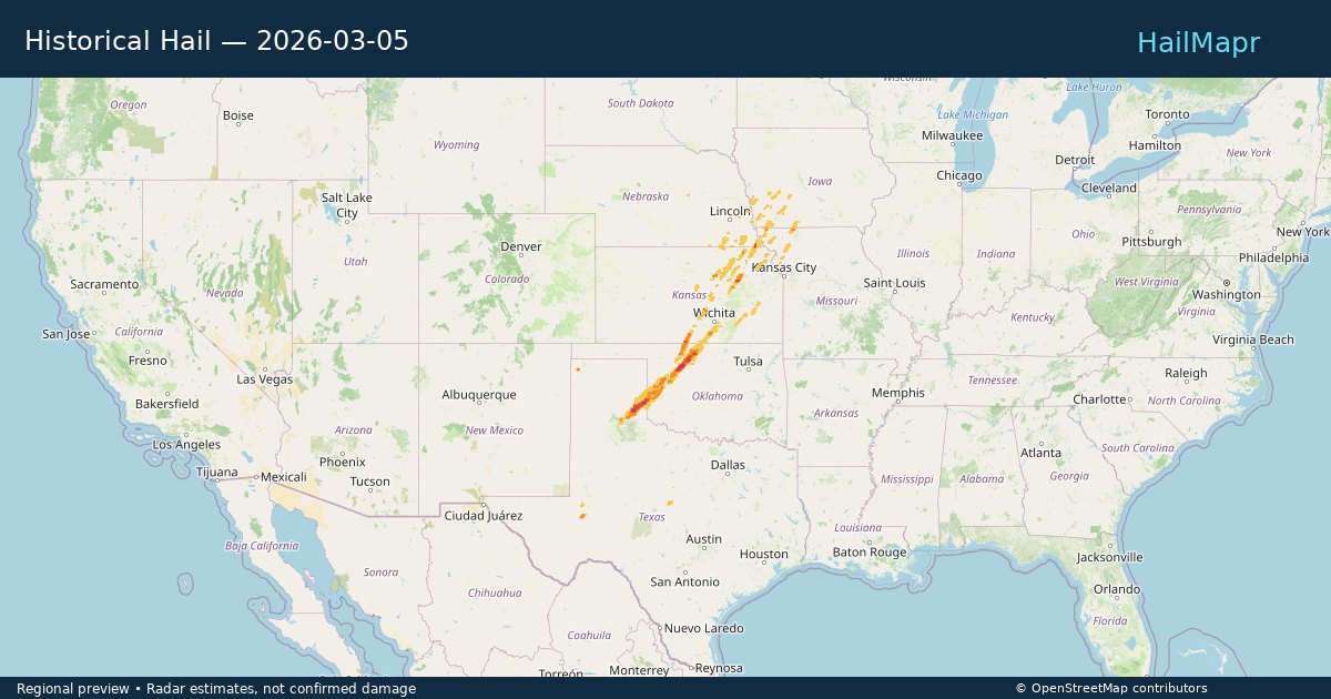 Historical Hail — 2026-03-05 — regional heatmap and storm polygons
