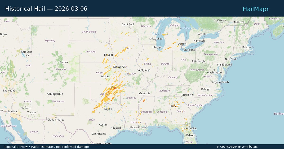 Historical Hail — 2026-03-06 — regional heatmap and storm polygons