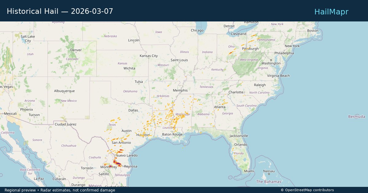 Historical Hail — 2026-03-07 — regional heatmap and storm polygons